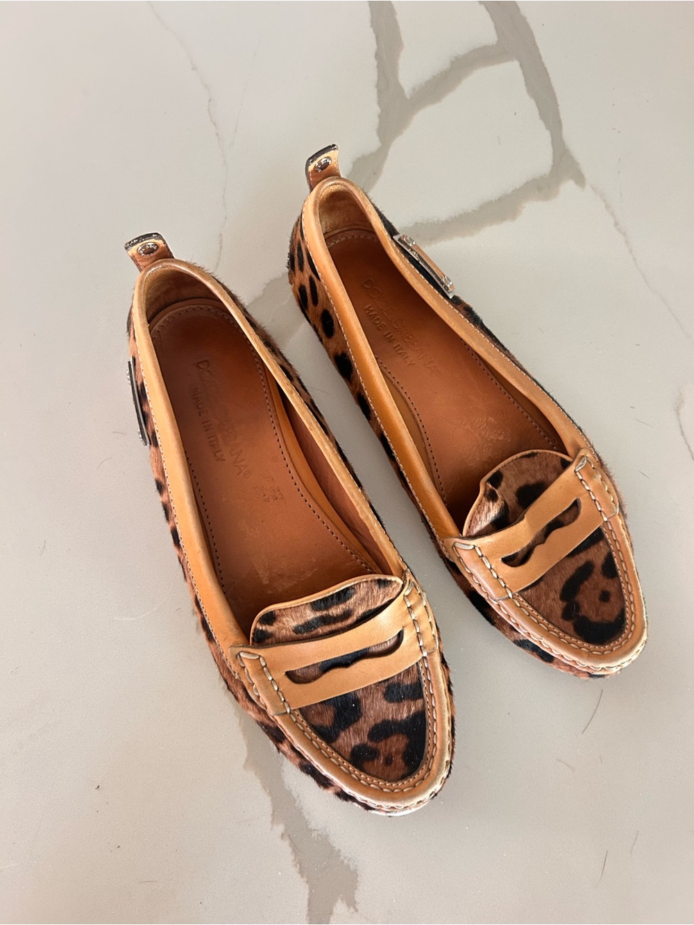 Dolce & Gabbana Leopard Print Leather Trim Loafers in Tan and Black